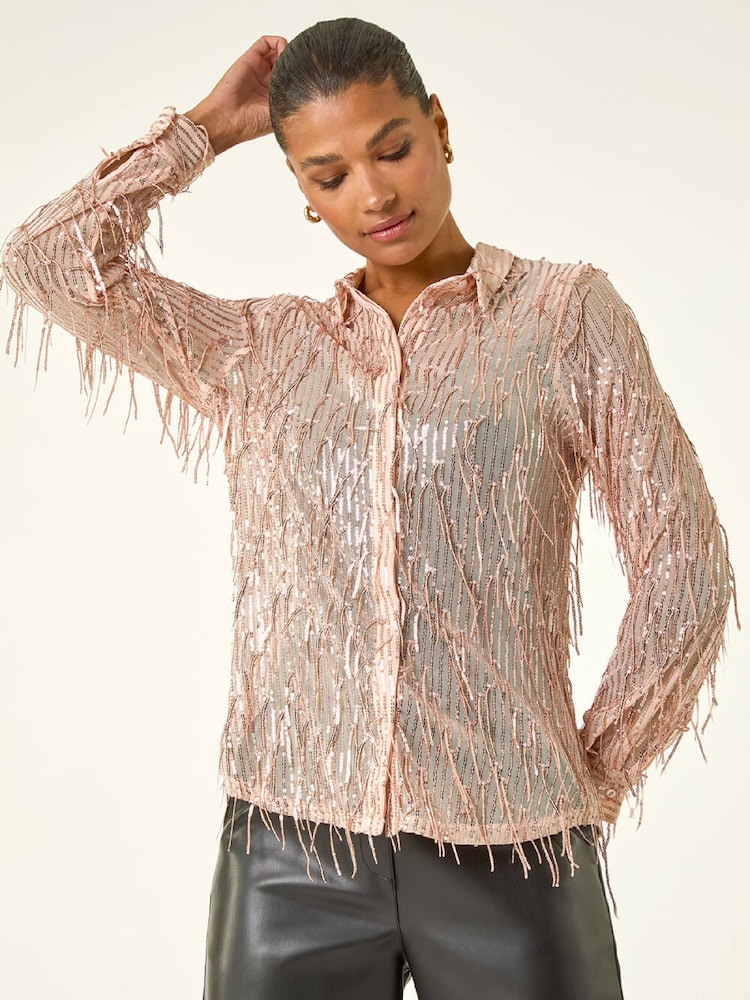 Roman Pink Sequin Tassel Stretch Shirt - Image 2 of 5 Roman Pink Sequin Tassel Stretch Shirt - Image 2 of 5