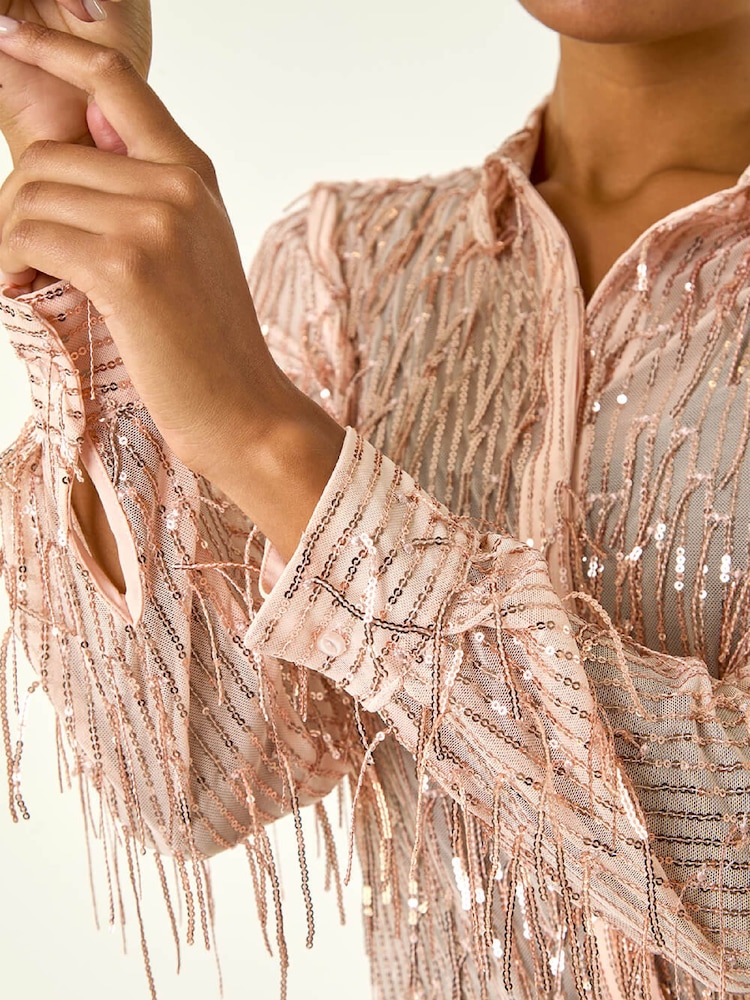Roman Pink Sequin Tassel Stretch Shirt - Image 5 of 5 Roman Pink Sequin Tassel Stretch Shirt - Image 5 of 5