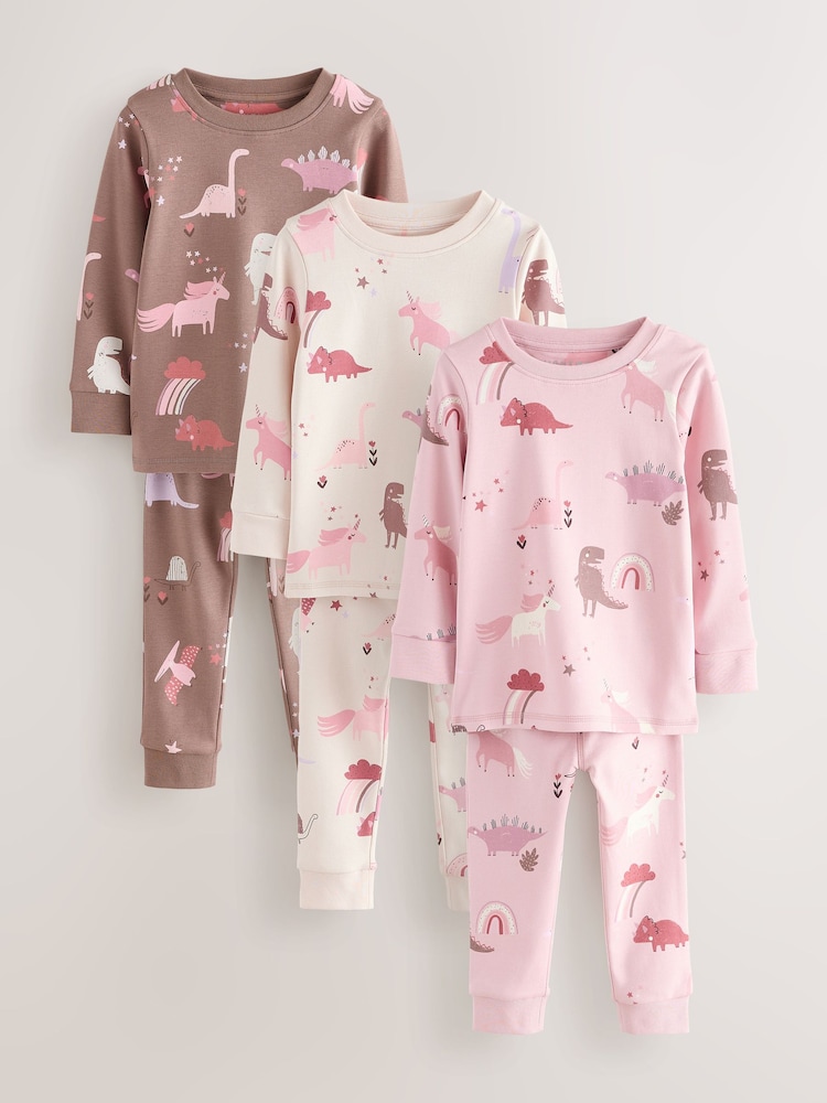 Pink/Cream Dino Snuggle Pyjamas 3 Pack (9mths-10yrs) - Image 1 of 7