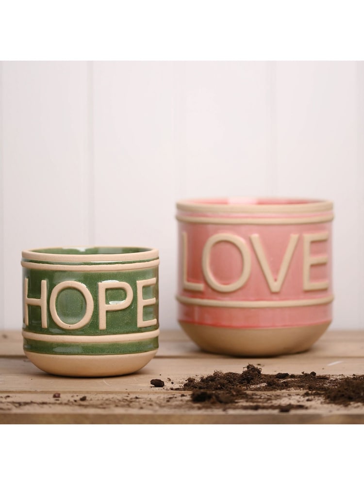 Country Living Set of 2 Pink Ceramic Love & Hope Planters - Image 1 of 4 Country Living Set of 2 Pink Ceramic Love & Hope Planters - Image 1 of 4