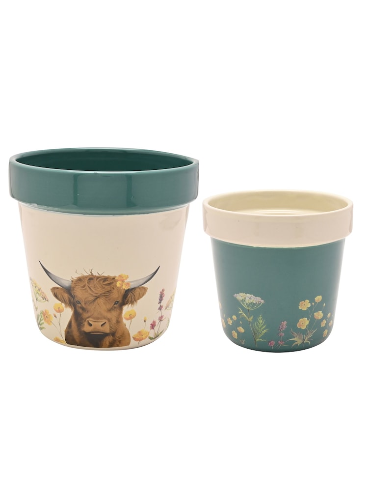 Country Living Set of 2 Cream Planters Highland Cow - Image 1 of 2 Country Living Set of 2 Cream Planters Highland Cow - Image 1 of 2