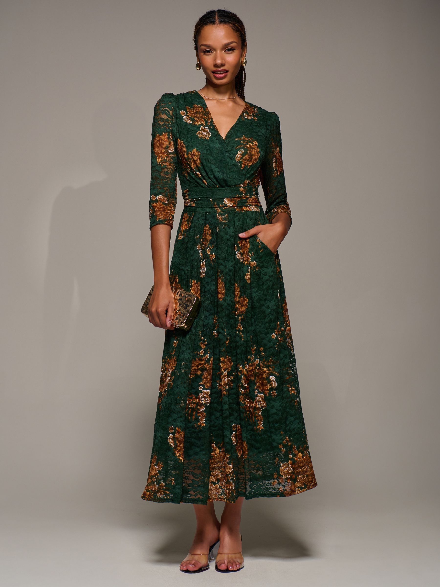 Buy Jolie Moi Green Three Quarter Sleeve Printed Lace Maxi Dress