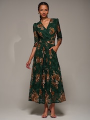 Jolie Moi Green Three Quarter Sleeve Printed Lace Maxi Dress - Image 5 of 6