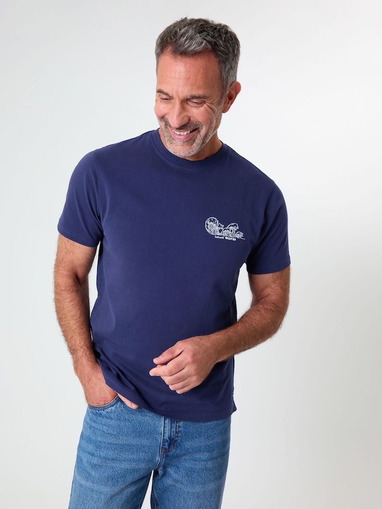 Saltwell Blue Peached Cotton Graphic Print T-Shirt - Image 1 of 5 Saltwell Blue Peached Cotton Graphic Print T-Shirt - Image 1 of 5