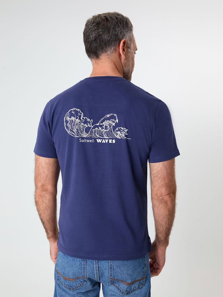 Saltwell Blue Peached Cotton Graphic Print T-Shirt - Image 2 of 5 Saltwell Blue Peached Cotton Graphic Print T-Shirt - Image 2 of 5
