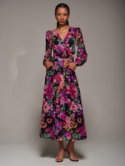 Jolie Moi Purple Long Sleeve Printed Lace Midaxi Dress - Image 1 of 6
