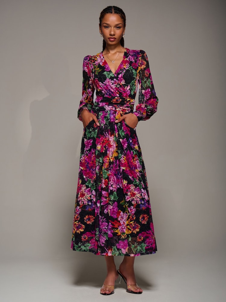 Jolie Moi Purple Long Sleeve Printed Lace Midaxi Dress - Image 1 of 6 Jolie Moi Purple Long Sleeve Printed Lace Midaxi Dress - Image 1 of 6