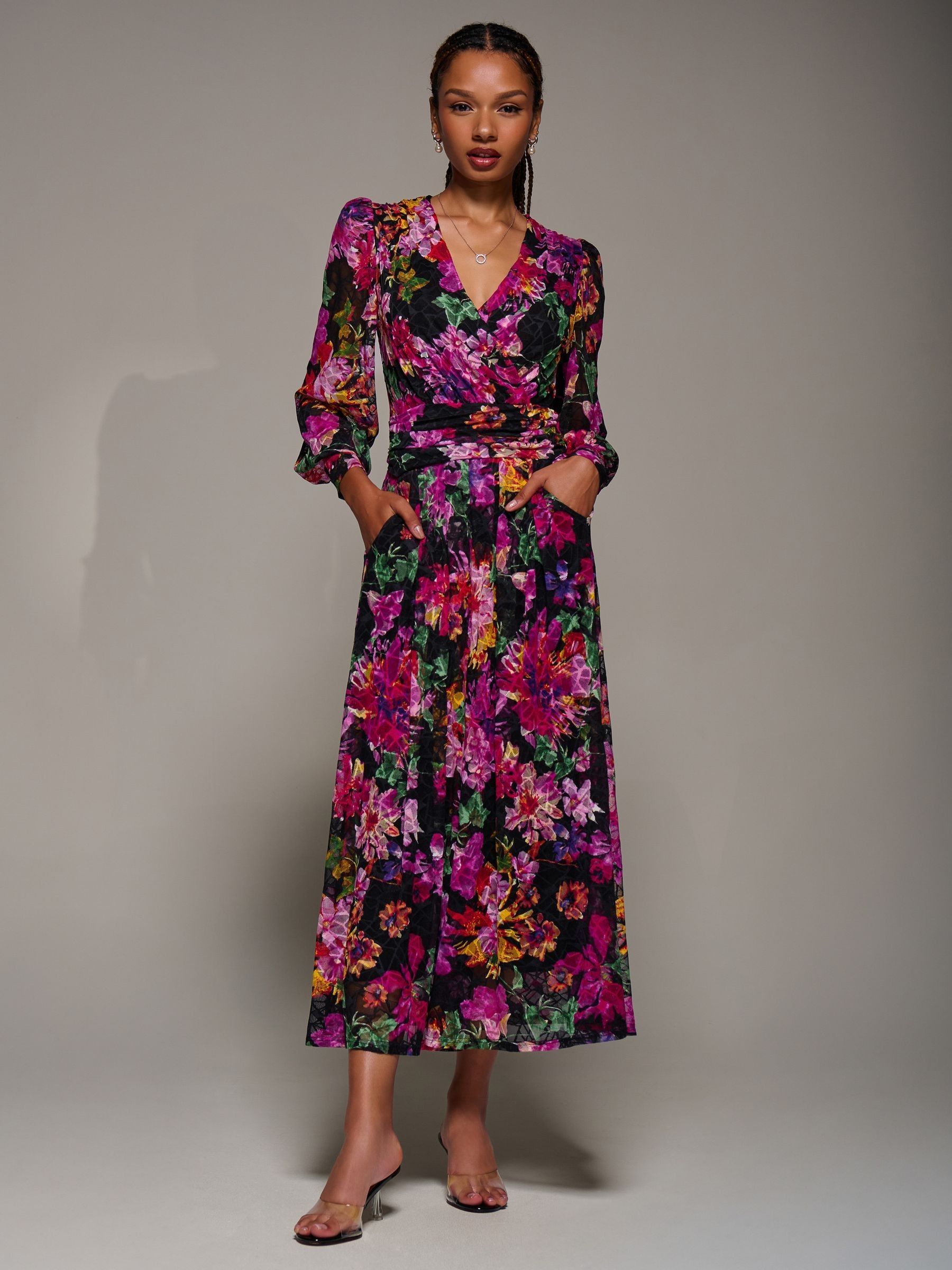 Buy Jolie Moi Purple Long Sleeve Printed Lace Midaxi Dress from