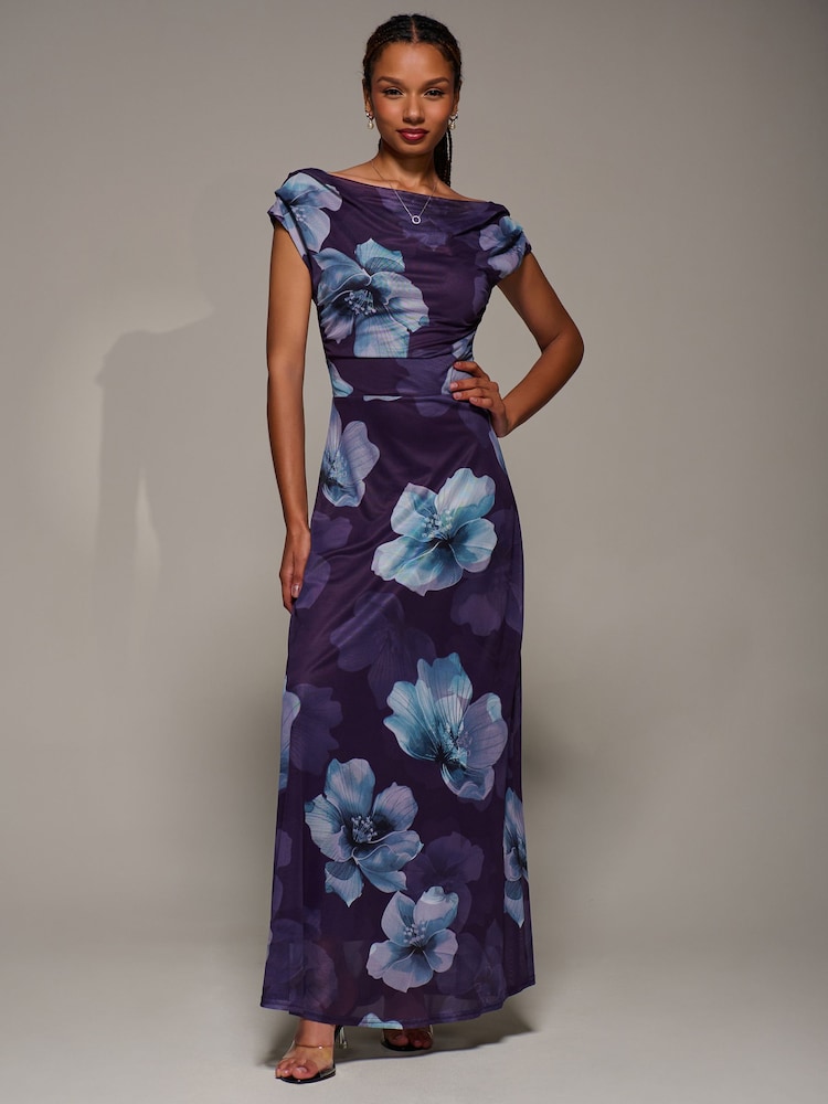 Jolie Moi Purple Asymmetric Neck Mesh Maxi Dress - Image 2 of 6 Jolie Moi Purple Asymmetric Neck Mesh Maxi Dress - Image 2 of 6