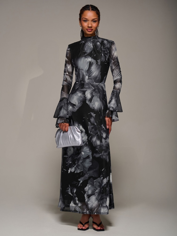 Jolie Moi Black Ruffle Long Sleeve Mesh Maxi Dress - Image 1 of 6 Jolie Moi Black Ruffle Long Sleeve Mesh Maxi Dress - Image 1 of 6