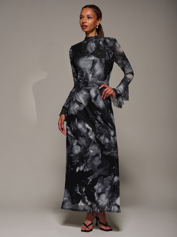 Jolie Moi Black Ruffle Long Sleeve Mesh Maxi Dress - Image 2 of 6 Jolie Moi Black Ruffle Long Sleeve Mesh Maxi Dress - Image 2 of 6