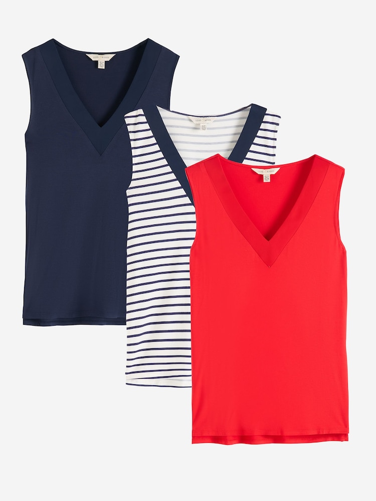 Love & Roses X3 Navy Blue, Red and Stripe V-Neck Chiffon Trim Jersey Vests Multipack - Image 1 of 8