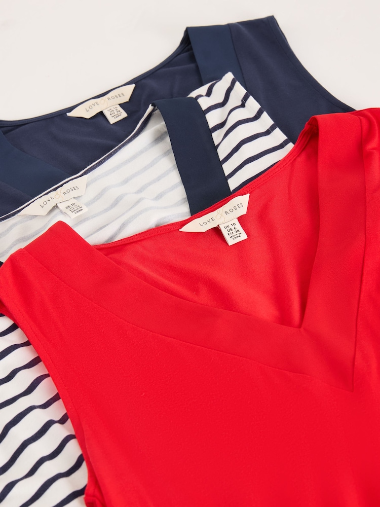 Love & Roses X3 Navy Blue, Red and Stripe V-Neck Chiffon Trim Jersey Vests Multipack - Image 2 of 8
