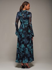 Jolie Moi Blue Ruffle Long Sleeve Mesh Maxi Dress - Image 3 of 6