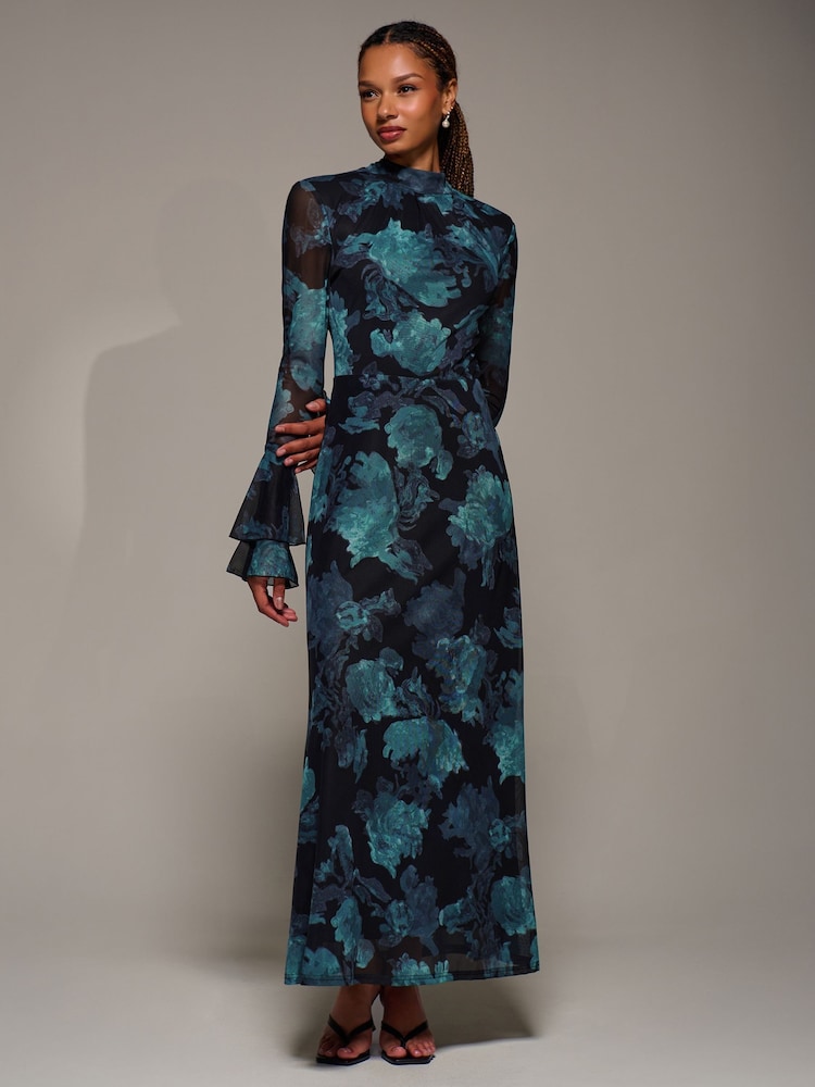 Jolie Moi Blue Ruffle Long Sleeve Mesh Maxi Dress - Image 6 of 6 Jolie Moi Blue Ruffle Long Sleeve Mesh Maxi Dress - Image 6 of 6