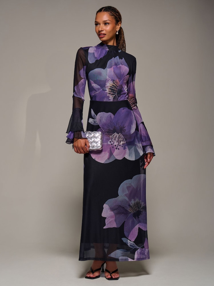 Jolie Moi Dark Purple Ruffle Long Sleeve Mesh Maxi Dress - Image 1 of 6 Jolie Moi Dark Purple Ruffle Long Sleeve Mesh Maxi Dress - Image 1 of 6