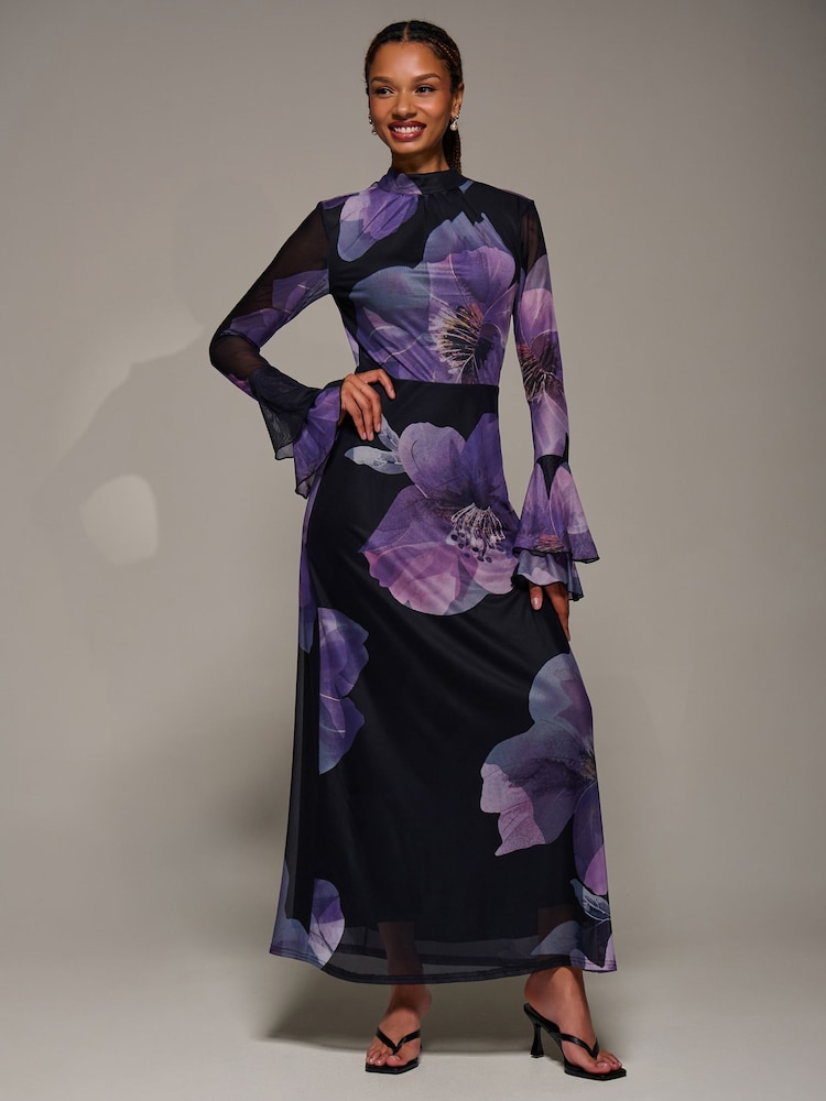Jolie Moi Dark Purple Ruffle Long Sleeve Mesh Maxi Dress - Image 2 of 6 Jolie Moi Dark Purple Ruffle Long Sleeve Mesh Maxi Dress - Image 2 of 6