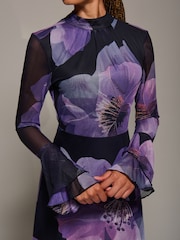 Jolie Moi Dark Purple Ruffle Long Sleeve Mesh Maxi Dress - Image 4 of 6