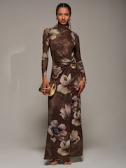 Jolie Moi Brown High Neck Long Sleeve Mesh Maxi Dress - Image 1 of 6