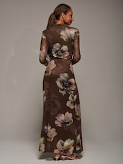 Jolie Moi Brown High Neck Long Sleeve Mesh Maxi Dress - Image 2 of 6