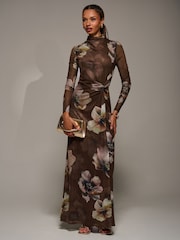 Jolie Moi Brown High Neck Long Sleeve Mesh Maxi Dress - Image 6 of 6