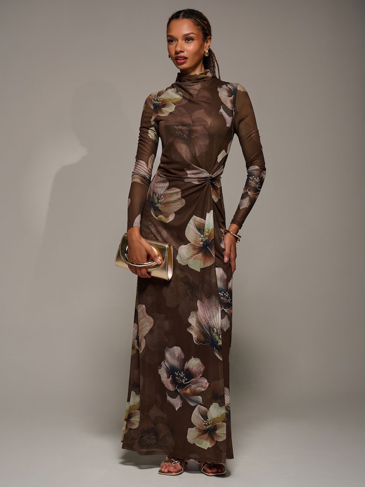 Jolie Moi Brown High Neck Long Sleeve Mesh Maxi Dress - Image 6 of 6 Jolie Moi Brown High Neck Long Sleeve Mesh Maxi Dress - Image 6 of 6