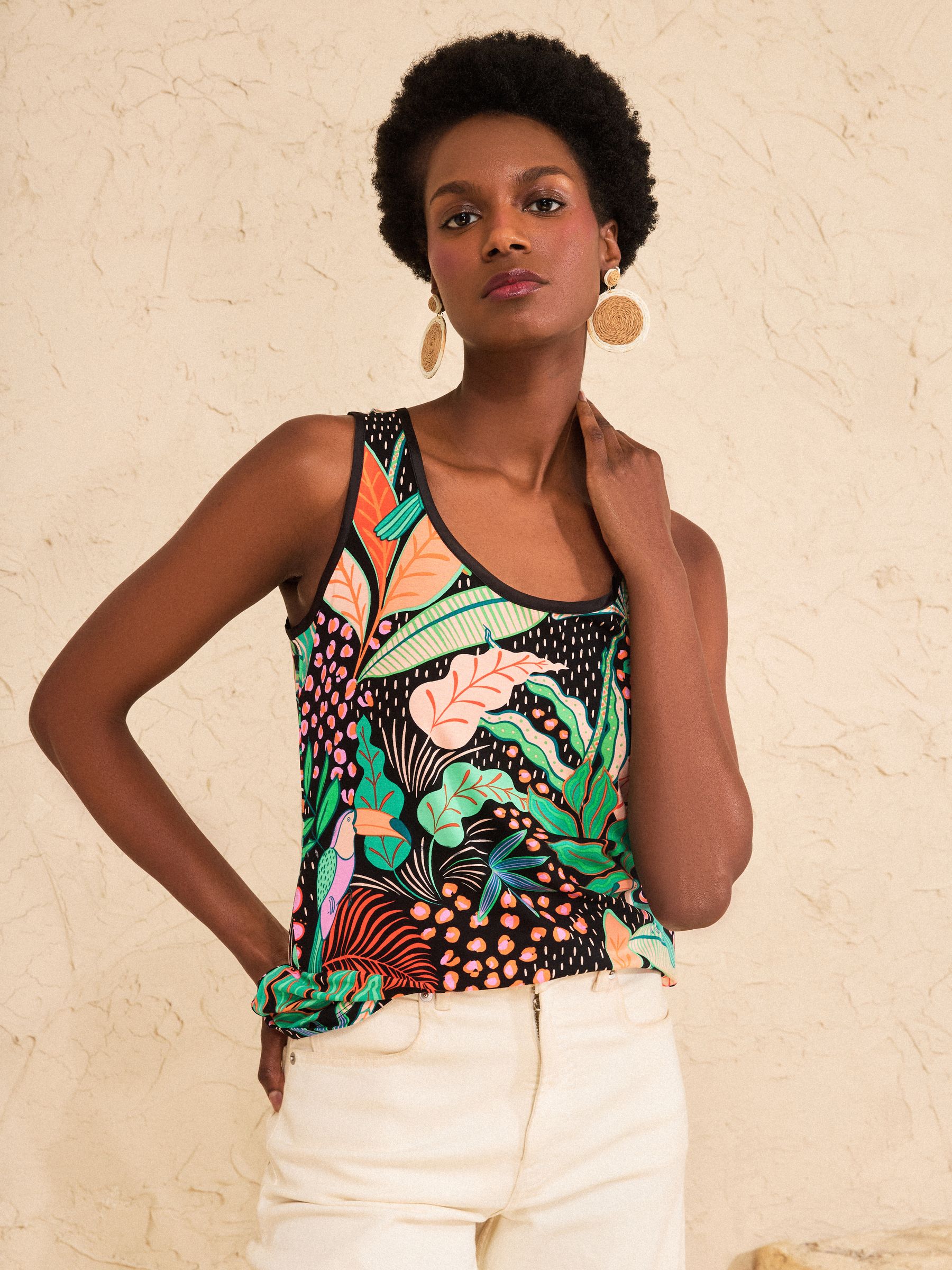Buy Love & Roses Black Tropical Print Satin Trim Scoop Neck Jersey