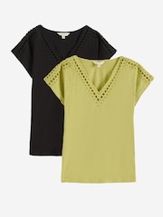 Love & Roses X2 Khaki and Black Lace Insert V-Neck Jersey T-Shirt - Image 1 of 7