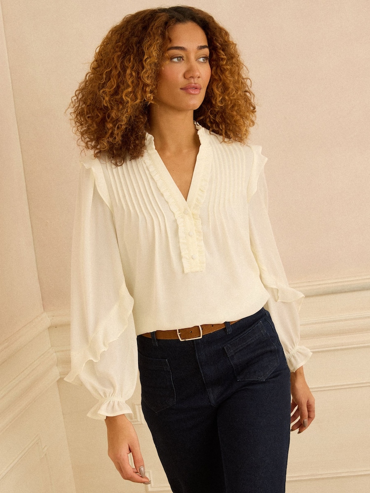 Love & Roses Ivory Pintuck Ruffle Detail Notch Neck Long Sleeve Blouse - Image 1 of 4