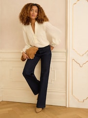 Love & Roses Ivory Pintuck Ruffle Detail Notch Neck Long Sleeve Blouse - Image 3 of 4