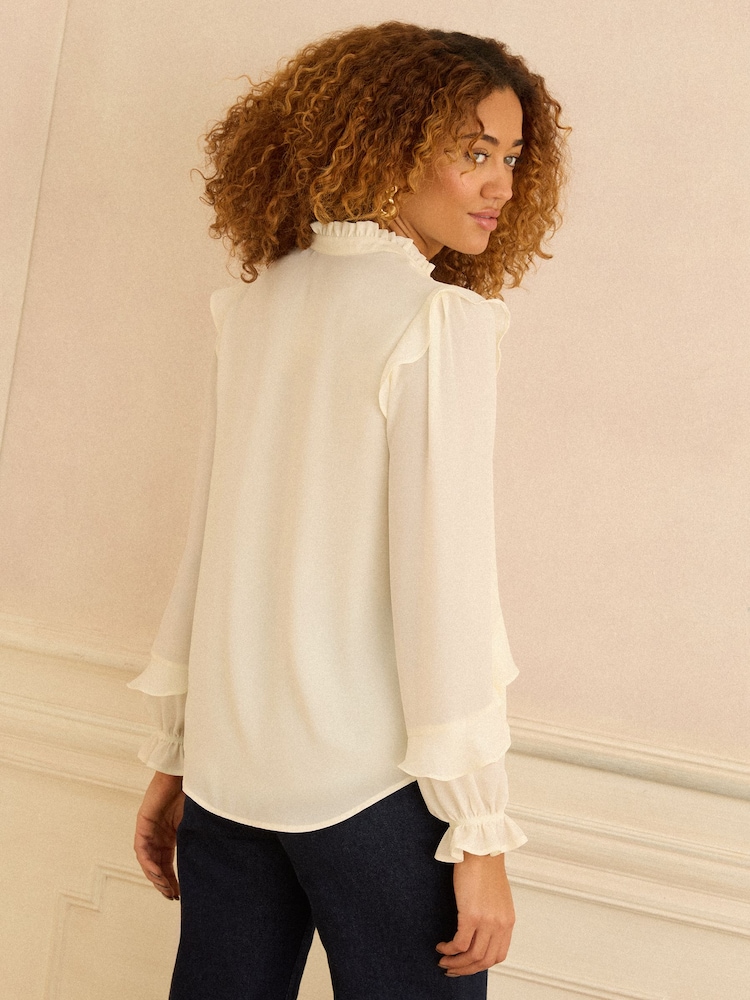 Love & Roses Ivory Pintuck Ruffle Detail Notch Neck Long Sleeve Blouse - Image 4 of 4