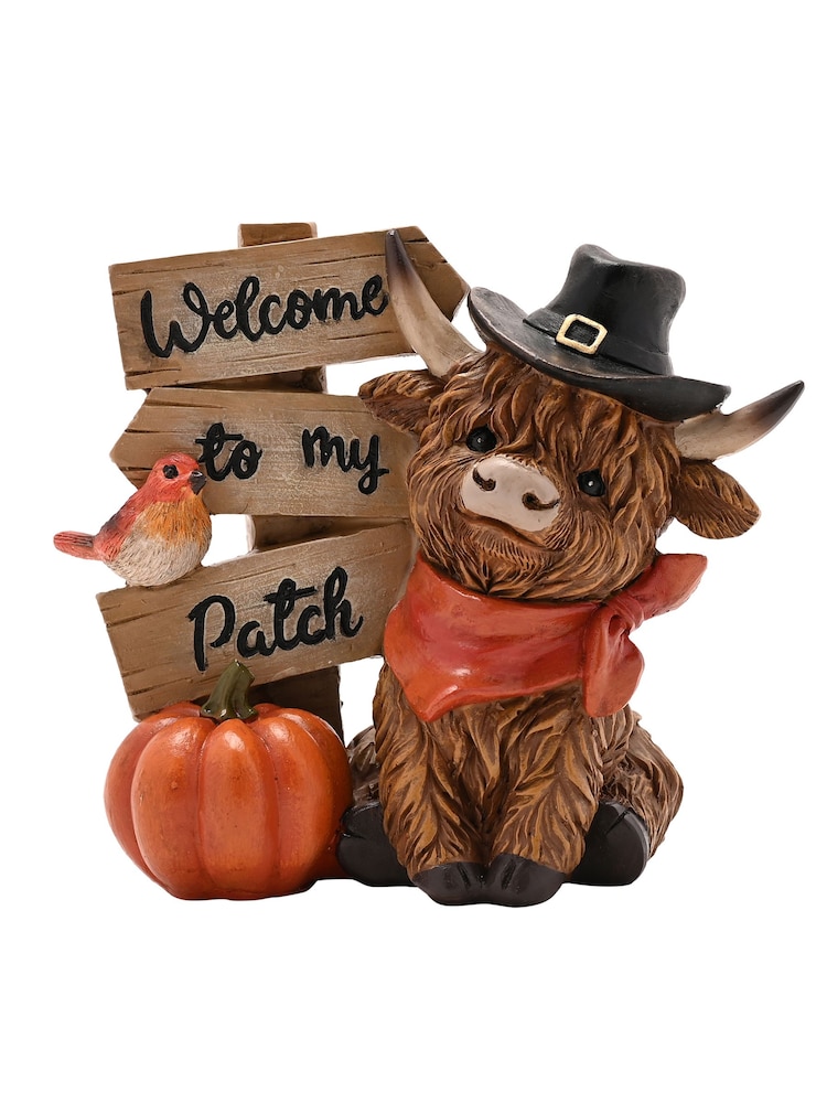 Country Living Brown Welcome to my Patch Highland Cow Ornament - Image 2 of 5 Country Living Brown Welcome to my Patch Highland Cow Ornament - Image 2 of 5