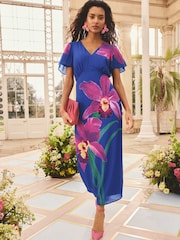 Love & Roses x RHS Cobalt Blue Floral Placement Petite Satin Flutter Sleeve Midi Dress - Image 1 of 5