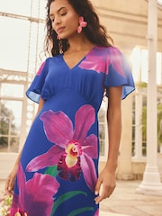 Love & Roses x RHS Cobalt Blue Floral Placement Petite Satin Flutter Sleeve Midi Dress - Image 2 of 5