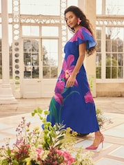 Love & Roses x RHS Cobalt Blue Floral Placement Petite Satin Flutter Sleeve Midi Dress - Image 5 of 5