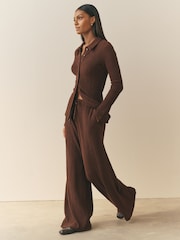 Nothing Ordinary Chocolate Brown Soft Touch Crinkle Jersey Wide Leg Trousers - Image 1 of 4