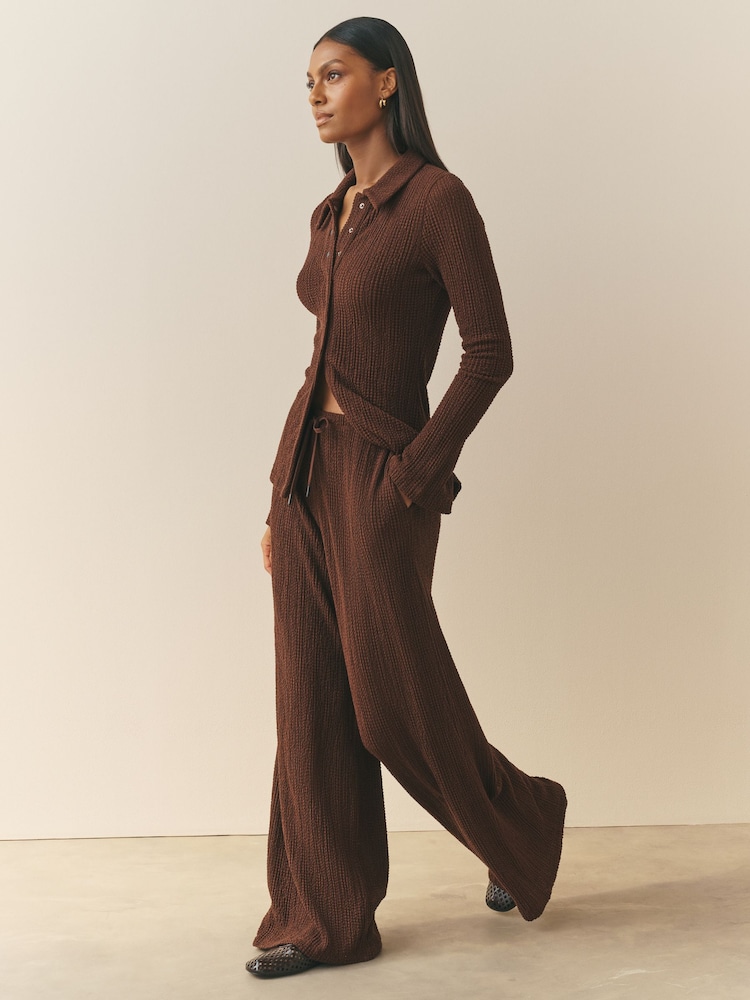 Nothing Ordinary Chocolate Brown Soft Touch Crinkle Jersey Wide Leg Trousers - Image 1 of 4