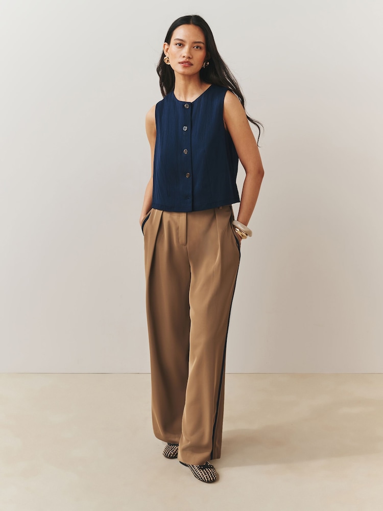 Tan Brown Elastic Back Side Stripe Wide Leg Trousers - Image 1 of 8 Tan Brown Elastic Back Side Stripe Wide Leg Trousers - Image 1 of 8