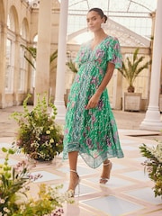 Love & Roses Floral Green Petite Metallic Trim Hanky Hem Midi Dress - Image 4 of 5