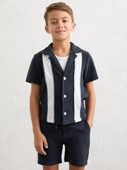 Reiss Navy/White Rubus Towelling Colour-Block Cuban Shirt - Image 1 of 4