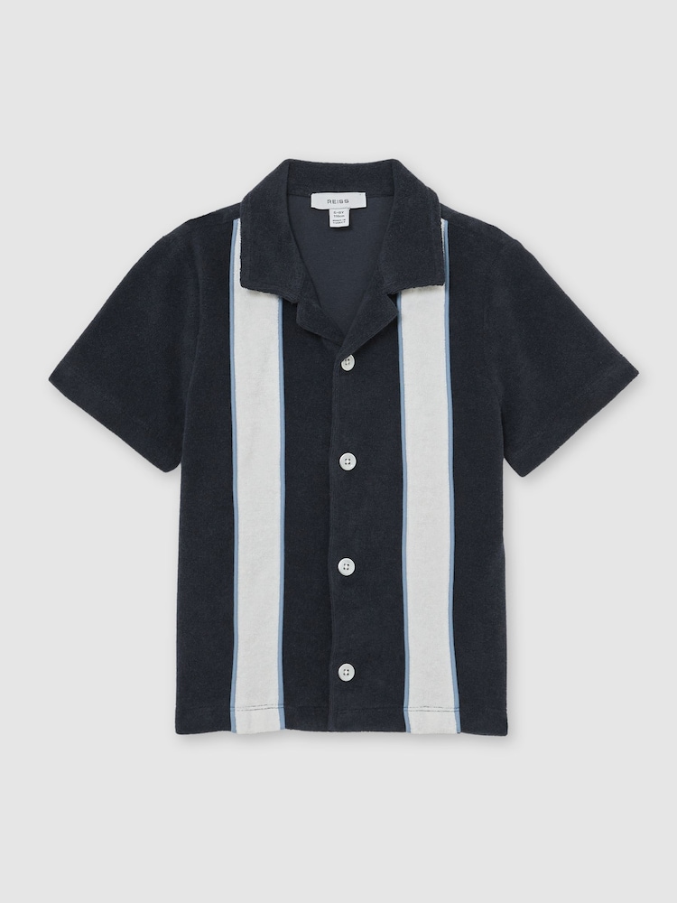 Reiss Navy/White Rubus Towelling Colour-Block Cuban Shirt - Image 2 of 4