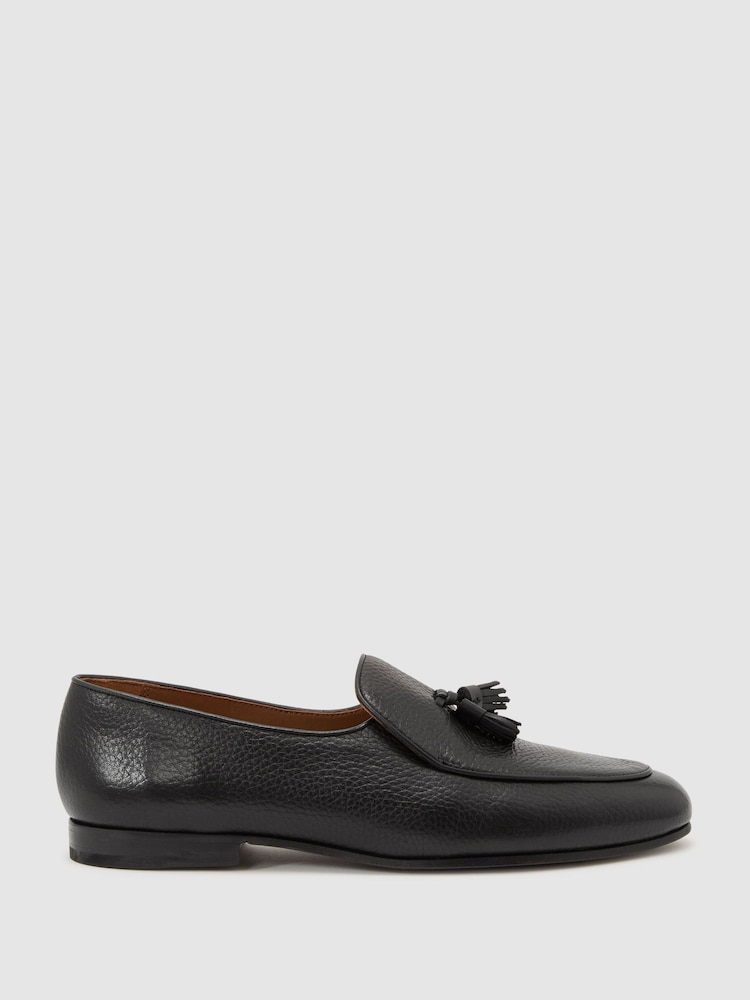 Reiss Black Harry Tumble Tumbled-Leather Tassel-Detail Loafers - Image 2 of 6