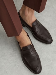 Reiss Dark Brown Peter Leather Saddle Loafers - Image 1 of 6