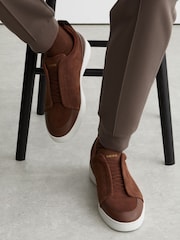 Reiss Chocolate Brown Henry Suede Suede Elasticated-Lace Hybrid Trainers - Image 1 of 6