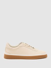 Reiss Stone Beige Anders Leather Perforated-Detail Trainers - Image 1 of 5