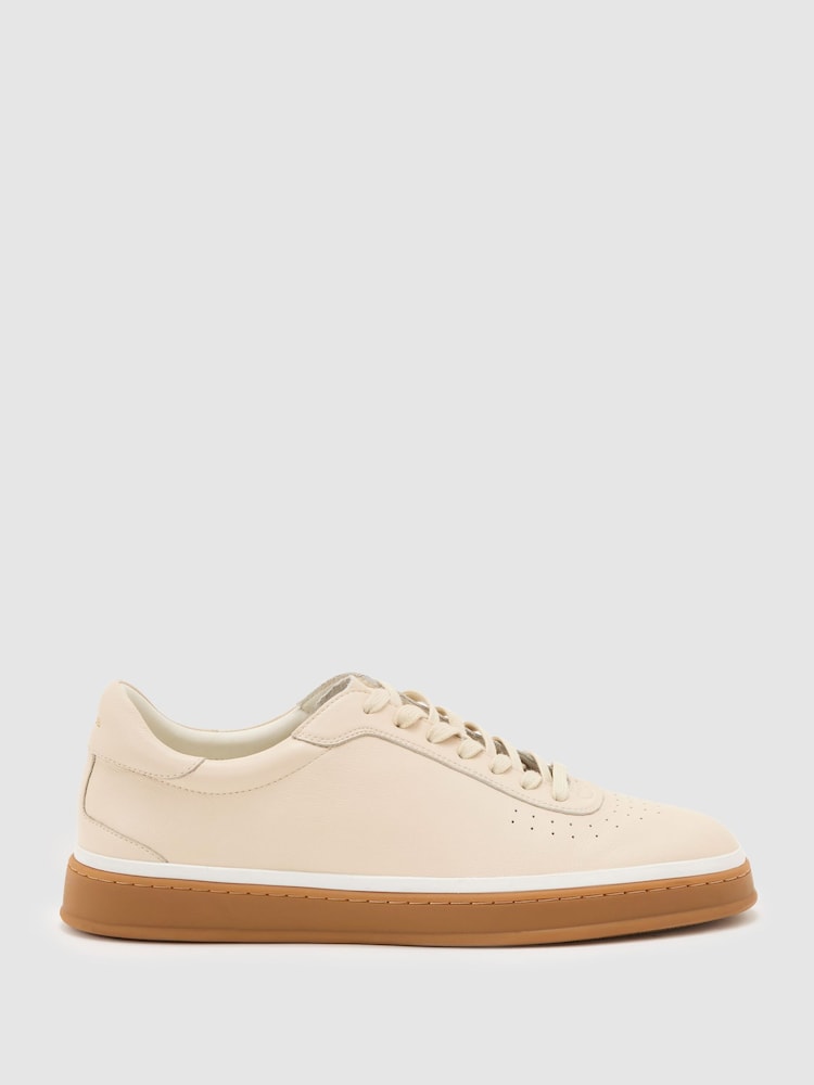 Reiss Stone Beige Anders Leather Perforated-Detail Trainers - Image 1 of 5