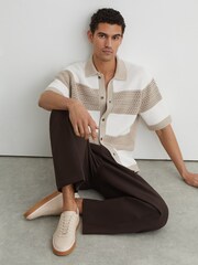 Reiss Stone Beige Anders Leather Perforated-Detail Trainers - Image 2 of 5