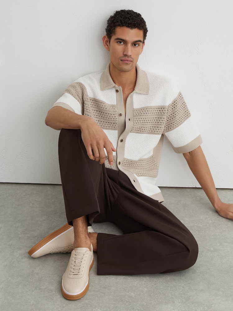 Reiss Stone Beige Anders Leather Perforated-Detail Trainers - Image 2 of 5