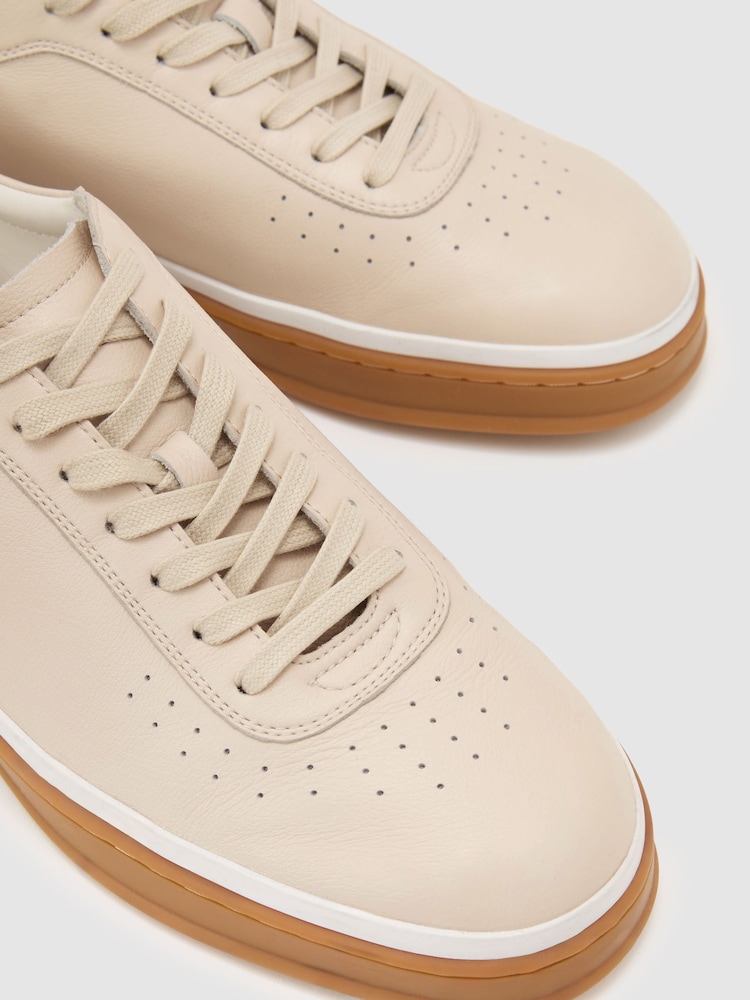 Reiss Stone Beige Anders Leather Perforated-Detail Trainers - Image 5 of 5