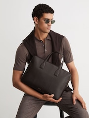 Reiss Dark Brown Carlos Micro-Grain Leather Briefcase Bag - Image 1 of 6